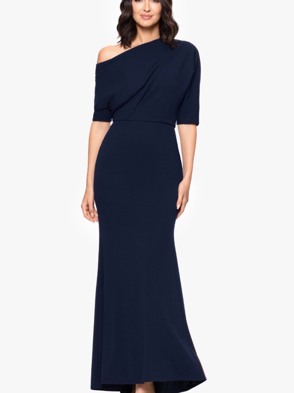 Betsy & Adam Navy One-Shoulder Evening Gown